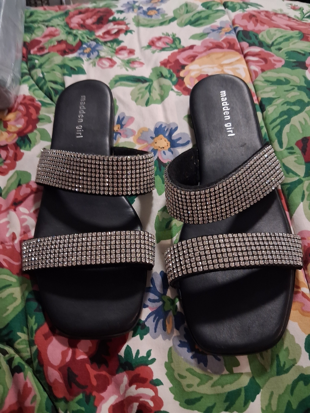 Madden Girl Black Double-Strap Crystal Slide Sandals